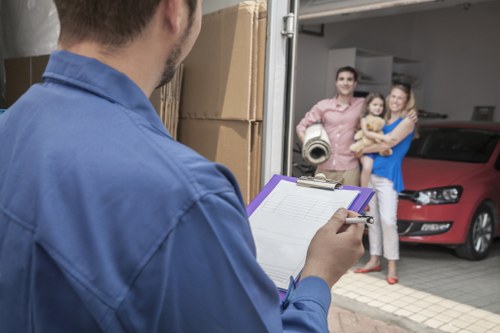 Local movers carrying boxes in a Lambeth flat move