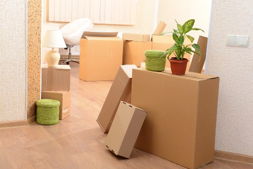 Packed boxes and furniture prepared for a local move in Lambeth