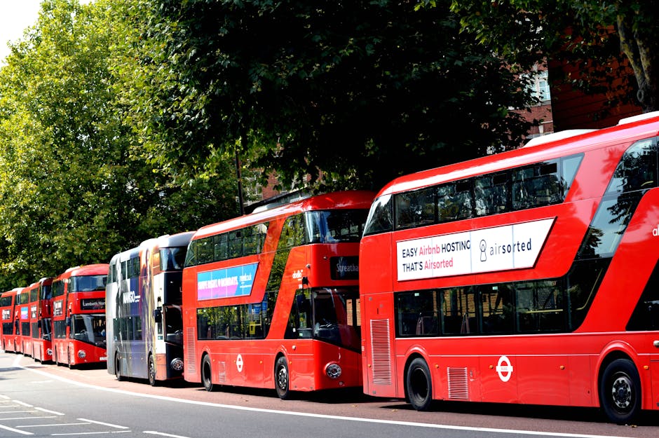 A row of red double-decker buses parked along the street in Lambeth, with some buses displaying advertisements on their sides. The buses are positioned close to the curb, facing in the same direction, and are partially obscured by a large leafy tree with dense green foliage. The scene is set in a city environment, with the pavement visible in the foreground. The lighting suggests daylight, and the buses are situated near residential or commercial buildings that are not fully visible in the image. This setting illustrates urban transportation infrastructure, which can be relevant in the context of house removals or relocating services, such as coordinating transport logistics with Man with Van Lambeth for efficient home relocation or furniture transport.