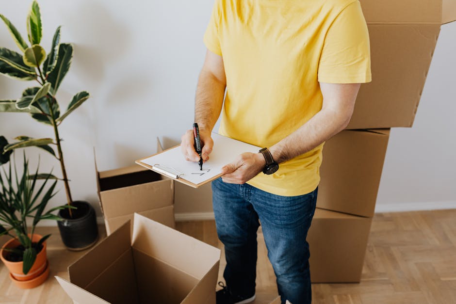 A woman with curly black hair, wearing a white t-shirt, blue jeans, and white sneakers, is seated on a small wooden stool inside a room with a blue textured wall. She is surrounded by numerous cardboard boxes of various sizes, some sealed with red tape and others open, revealing packing materials. The boxes are stacked around her, with some placed directly on a light wooden floor and others resting on a chair or against the wall. The woman appears to be organizing or inspecting the boxes as part of a home relocation process. Behind her, the background shows a plain blue textured wall, and the scene is well-lit, indicating natural or bright indoor lighting. This image depicts a typical packing and loading stage of house removals, highlighting the importance of careful box handling and space organization, which is relevant to services offered by Man with Van Lambeth for removals and moving logistics.